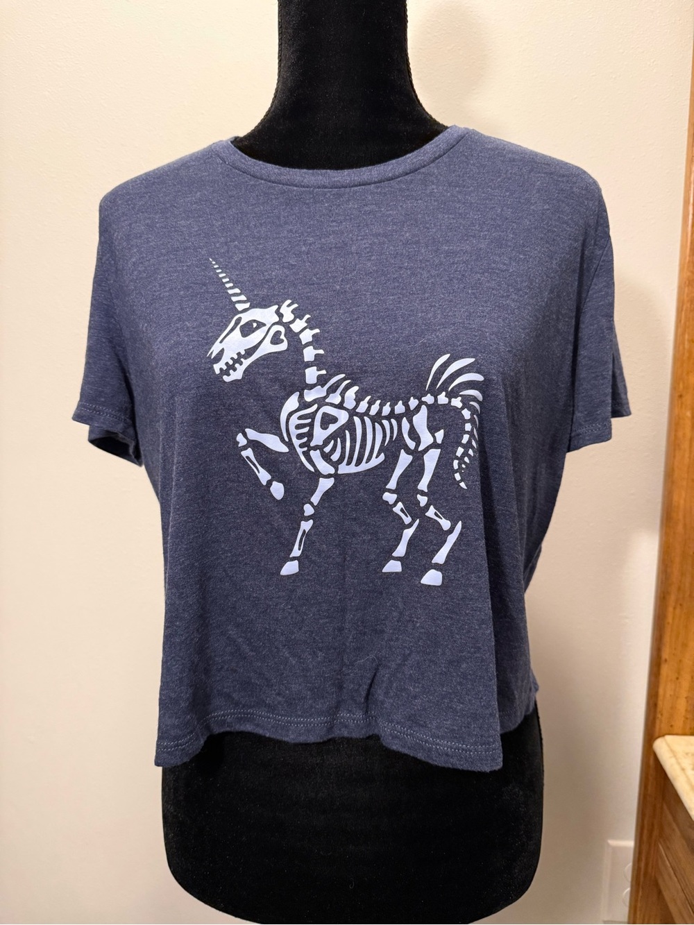 Bella Canvas Navy Blue Crop Top with White Unicorn Skeleton Graphic
